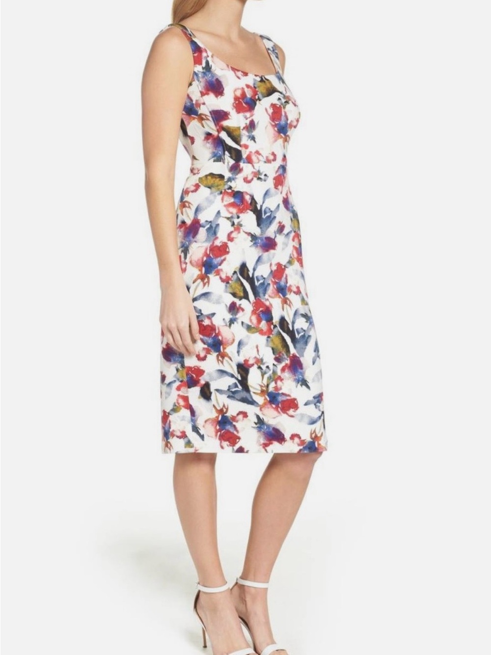Maggy London White Floral Sheath Dress with Red & Blue Accents